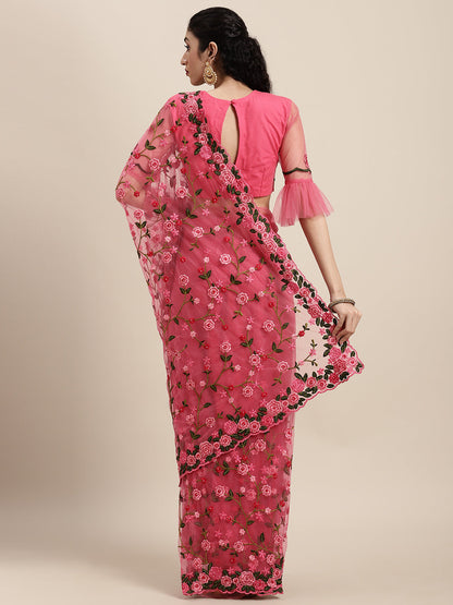 Tikhi Imli Pink & Green Beads and Stones Net Heavy Work Saree