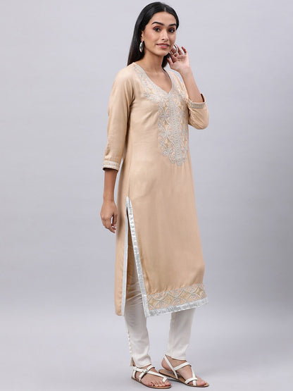 Souchii Beige & shifting sand Thread Work Grandeur & Majestic Artwork Kurta