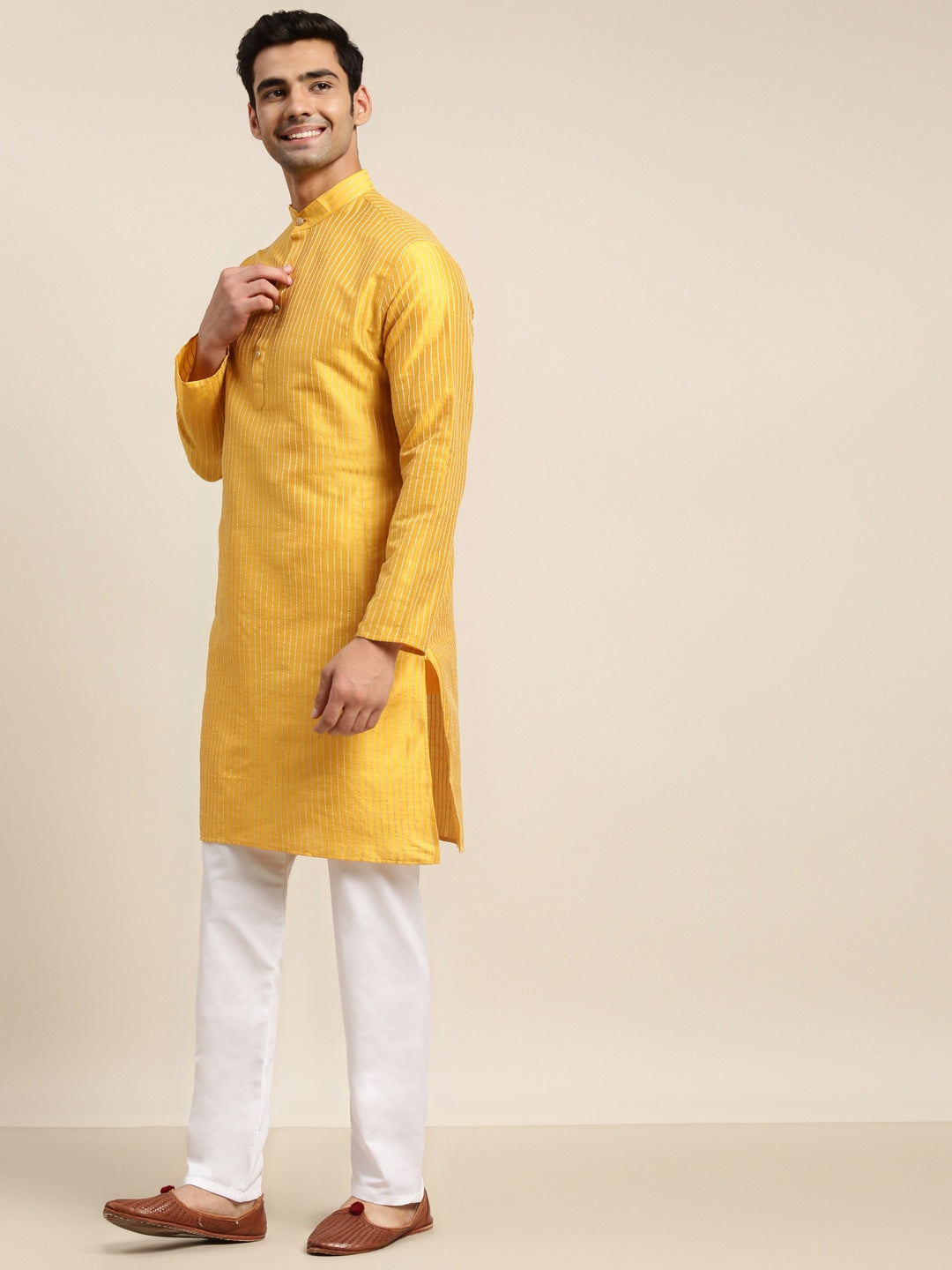 Sojanya Men Mustard Yellow Kurta with Churidar & Nehru Jacket