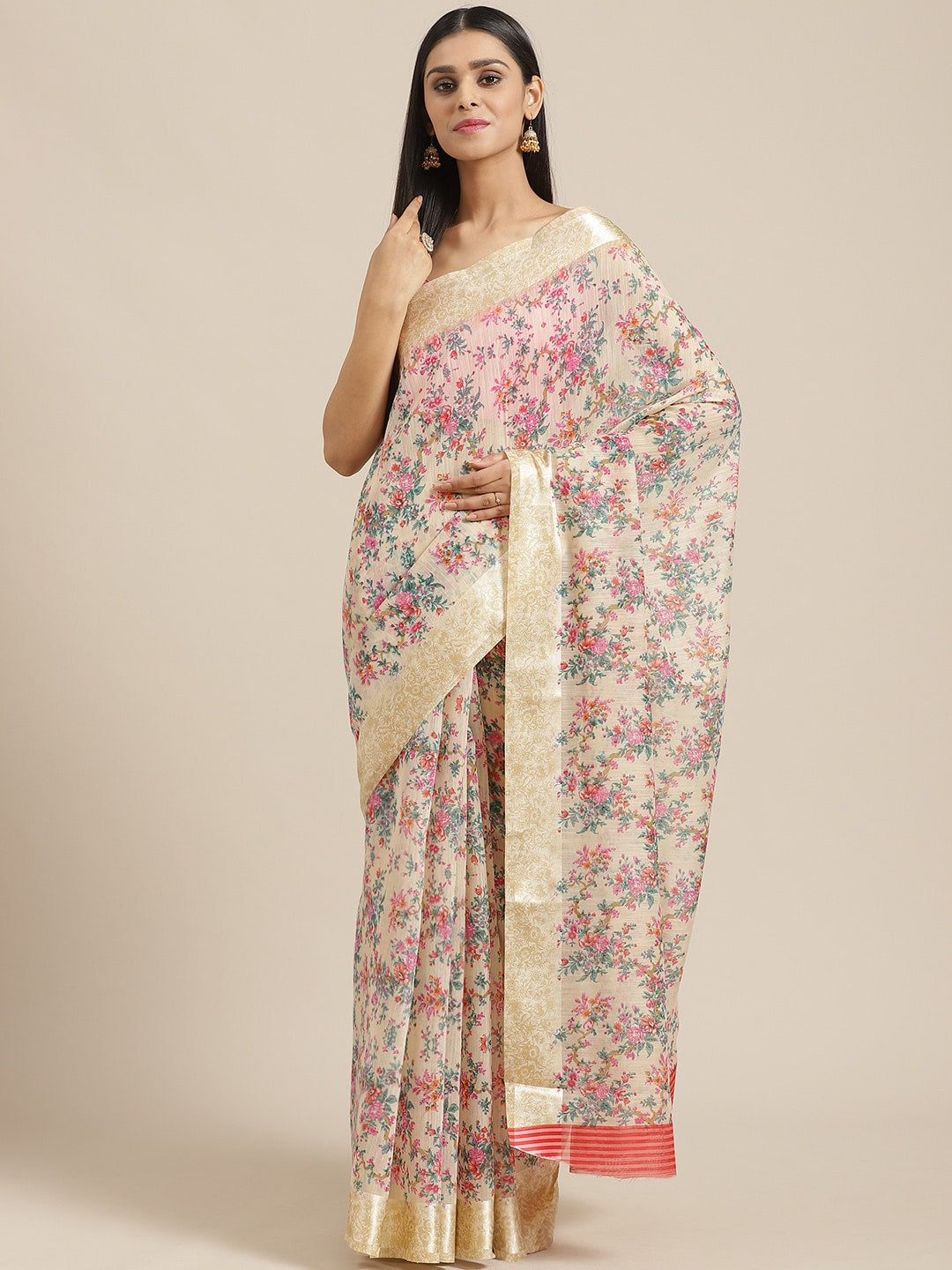 Saree Mall Cream-Coloured & Pink Floral Print Saree