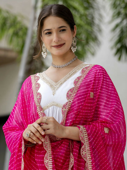 The52 White Women's Gorgeous Embroidered Chanderi Fabric Straight Kurta, Pant and Dupatta Set