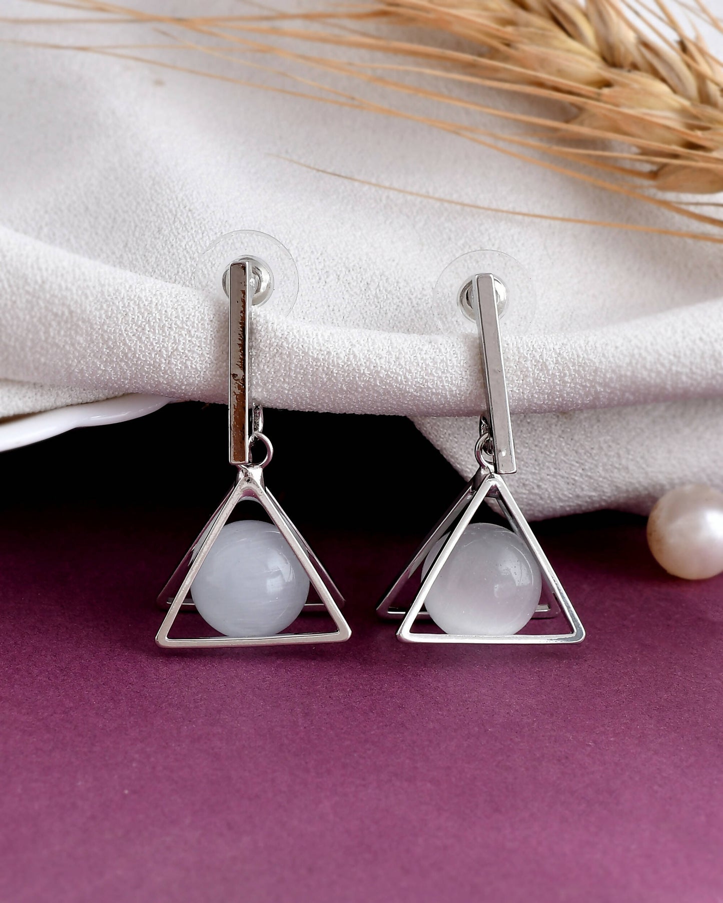 VOJ Women Sliver Triangle with Pearl Stainless Steel Stud Earrings