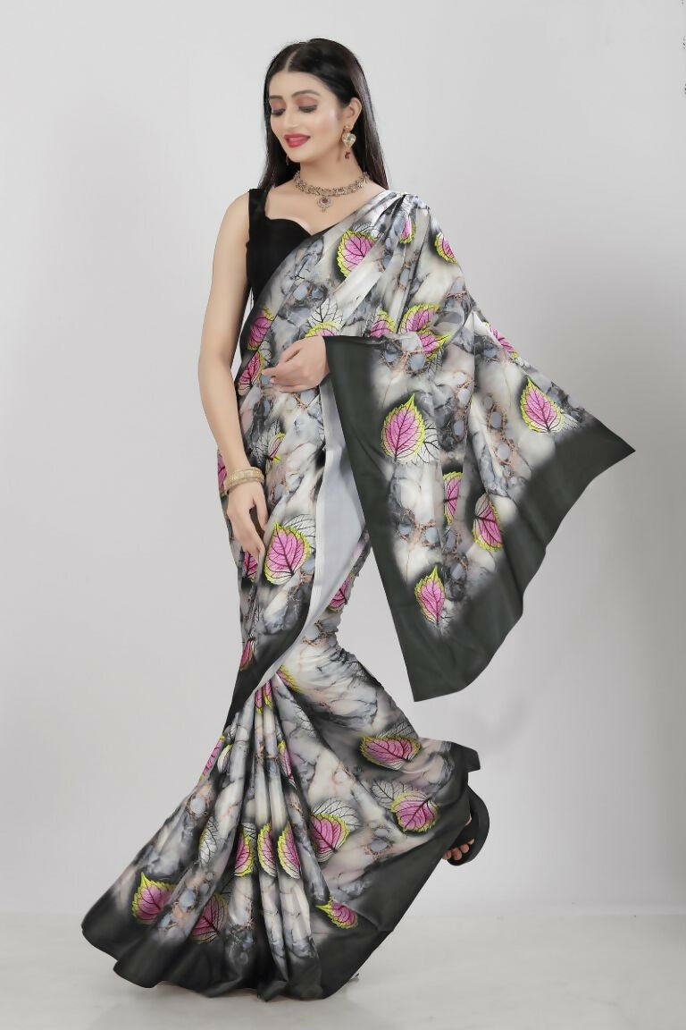 Aayaa Designer Printed Satin Saree - Multi Color
