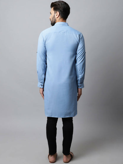 Even Apparels sky Blue Color Pure Cotton Solid Men's Kurta With Shirt Collar (MMS503)
