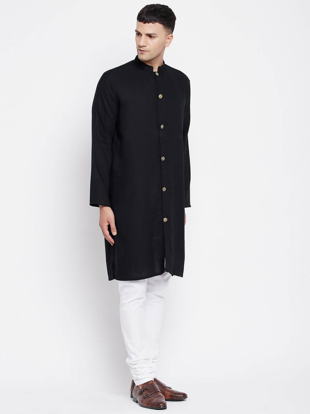 Even Apparels Black Pure Cotton Men's Sherwani Kurta With Open Front