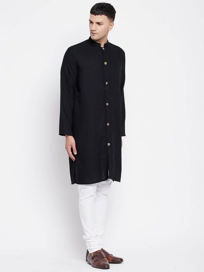 Even Apparels Black Pure Cotton Men's Sherwani Kurta With Open Front