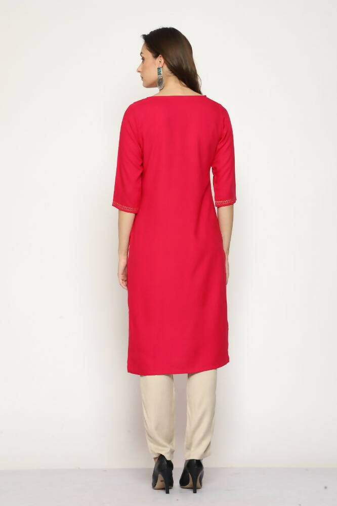 Maai Rayon Hand Printed Kurta Red