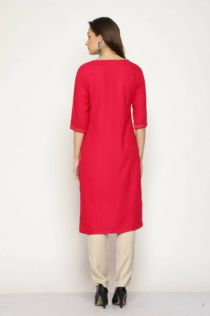 Maai Rayon Hand Printed Kurta Red