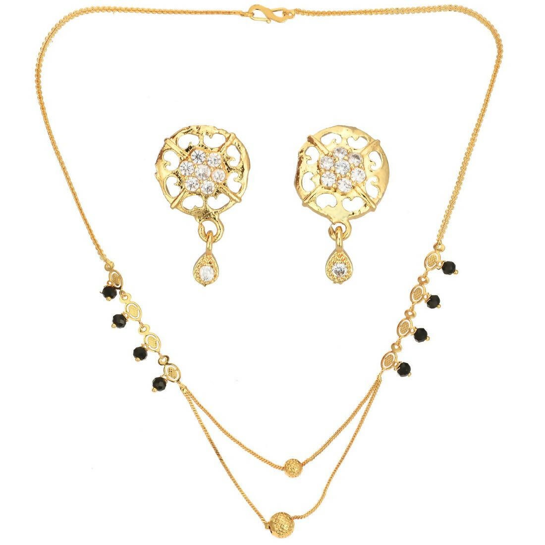 AanyaCentric Gold-Polished Short Mangalsutra Set with Earrings