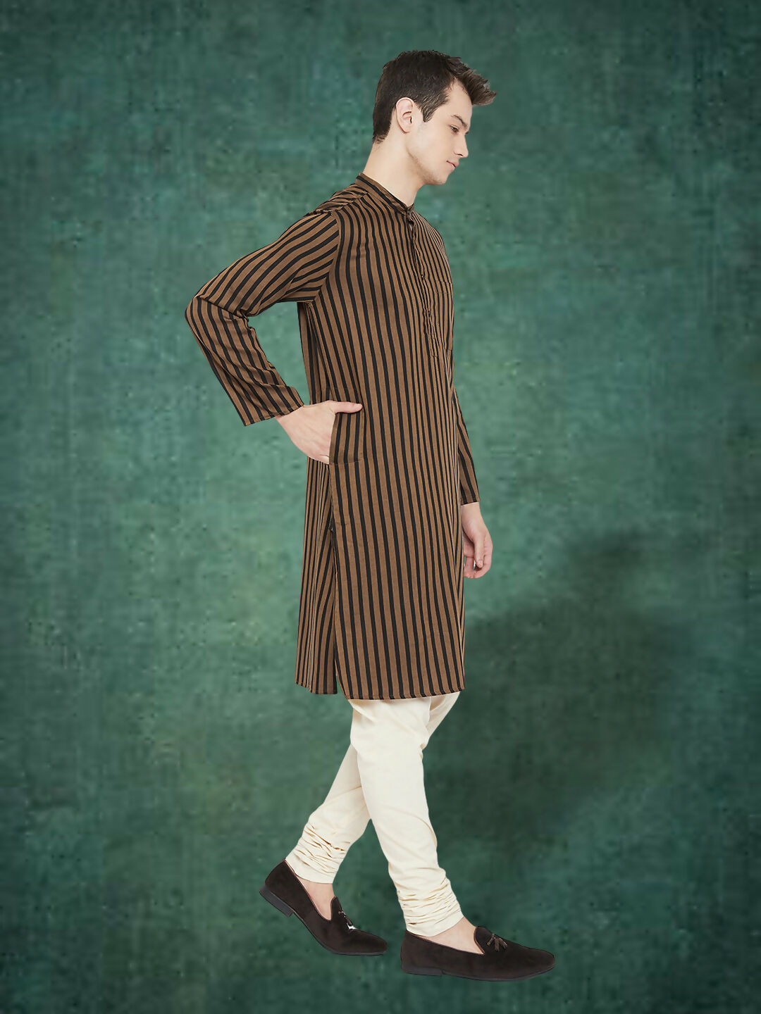 Even Apparels Men's Striped Brown and Black Kurta