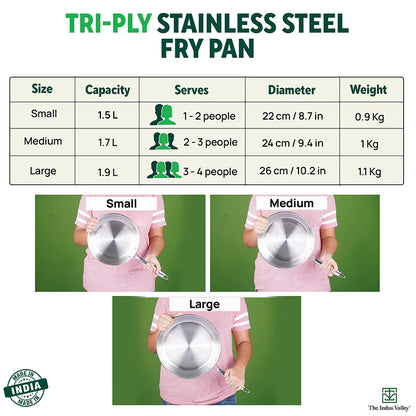 The Indus Valley TurboCuk Tri-ply Stainless Steel Fry Pan, Premium Quality, 3 Layer Thick Body, 100% Toxin-free, Non-stick, Induction & Gas,Spatula, 22/24/26 cm, 1.5/1.7/1.9L