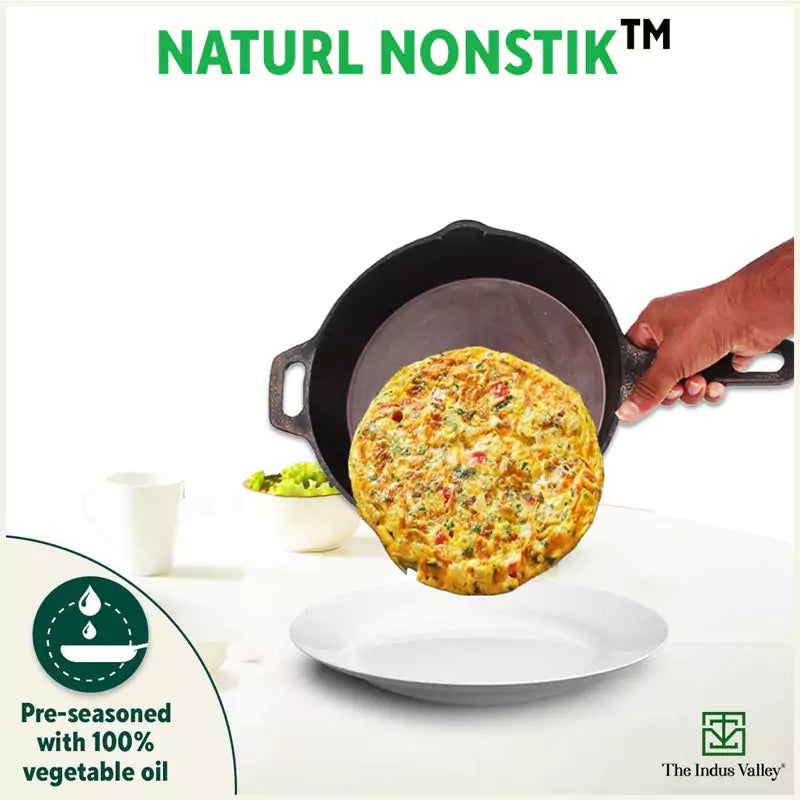 The Indus Valley Super Smooth Cast Iron Frypan+ Free ₹110 Spatula, Pre-seasoned, Nonstick, 100% Pure,Toxin-free, 25.4cm, 1.7L, 2.4kg