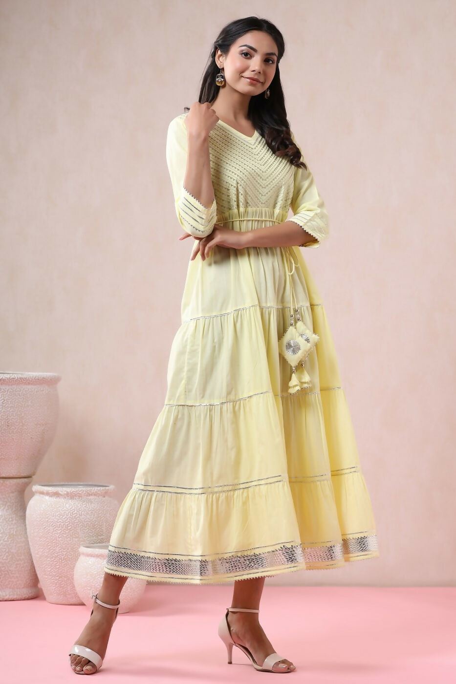 Juniper Yellow Solid Pure Cotton Solid Tiered Maxi Dress With Gota Work Dori Tie-Up & Cushioned Tassels At Waist