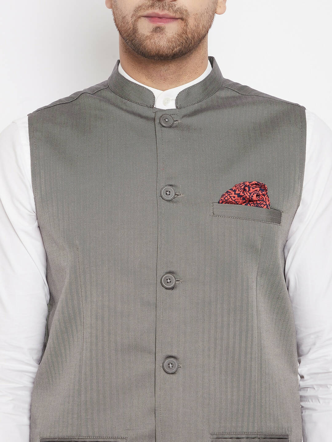 Even Apparels Grey Polyester Men's Nehru Jacket-Contrast Lining-Inbuilt Pocket Square