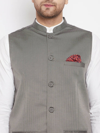 Even Apparels Grey Polyester Men's Nehru Jacket-Contrast Lining-Inbuilt Pocket Square