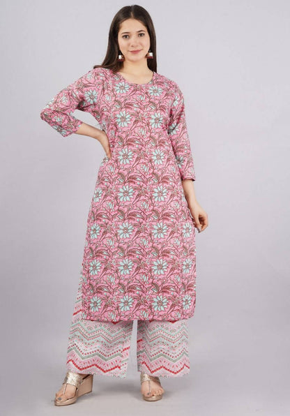 Vamika Printed Cotton Pink Party Wear/Casual Wear Kurta Set/Suit
