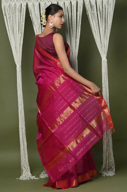 Very Much Indian Handloom Cotton Silk Maheshwari Saree With Sleek Golden Border - Red