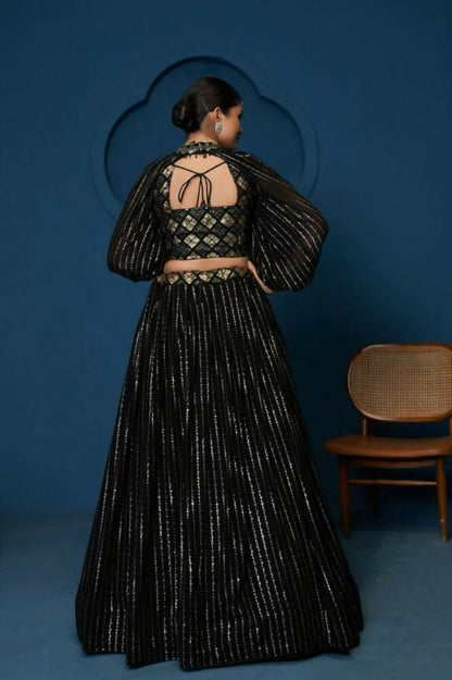 Black Sequence Work Georgette Crop Top Type Full Sleeve Lehenga Choli - Jihu Culture