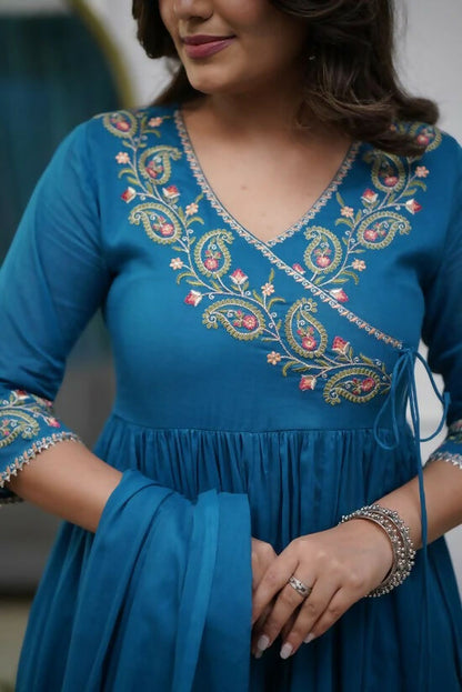 The52 Petrol Women's Beautiful Parampara Fabric Embroidered Work Flared Kurta Pant and Dupatta Set