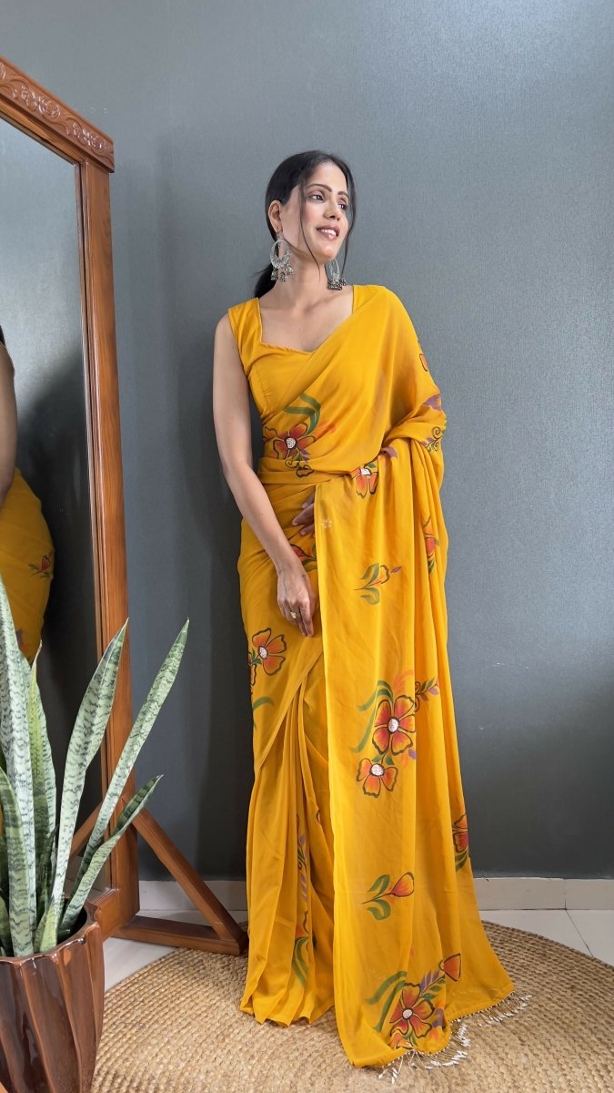 Aayaa Designer 1 min Hand Painted Ready to Wear saree - Mustard Yellow