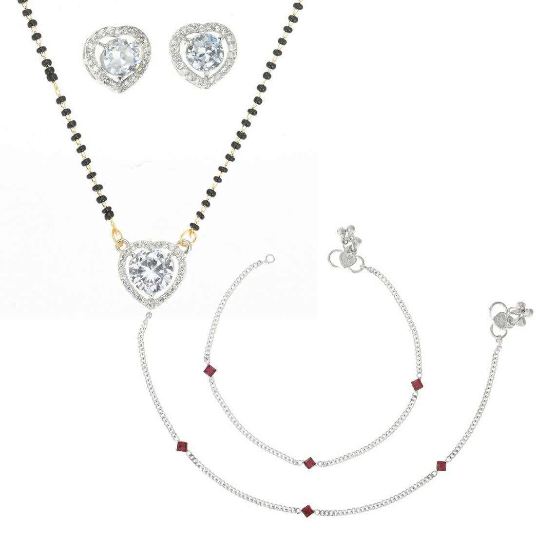 AanyaCentric Gold-Polished Mangalsutra Pendant Earring Set & Silver Plated Anklet