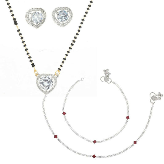 AanyaCentric Gold-Polished Mangalsutra Pendant Earring Set & Silver Plated Anklet