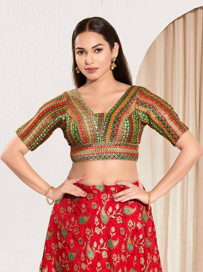 Joban Fashion Green Multi Brocade Padded Blouse With V Neck Elbow Sleeves