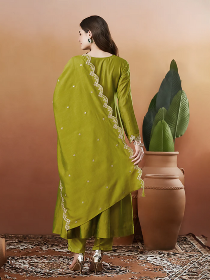 The52 Light Green Women's Beautiful Vichitra Silk Fabric Embroidered Work Flared Anarkali Pant and Dupatta Set