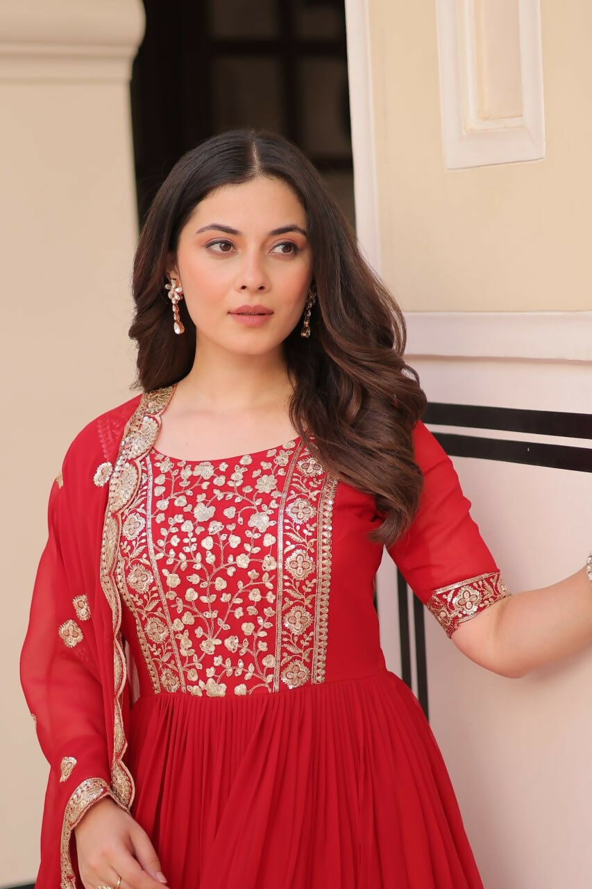 Teeya Creation Red Color Faux Georgette Embroidery Work Wedding Wear Long Gown