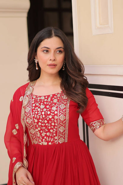 Teeya Creation Red Color Faux Georgette Embroidery Work Wedding Wear Long Gown