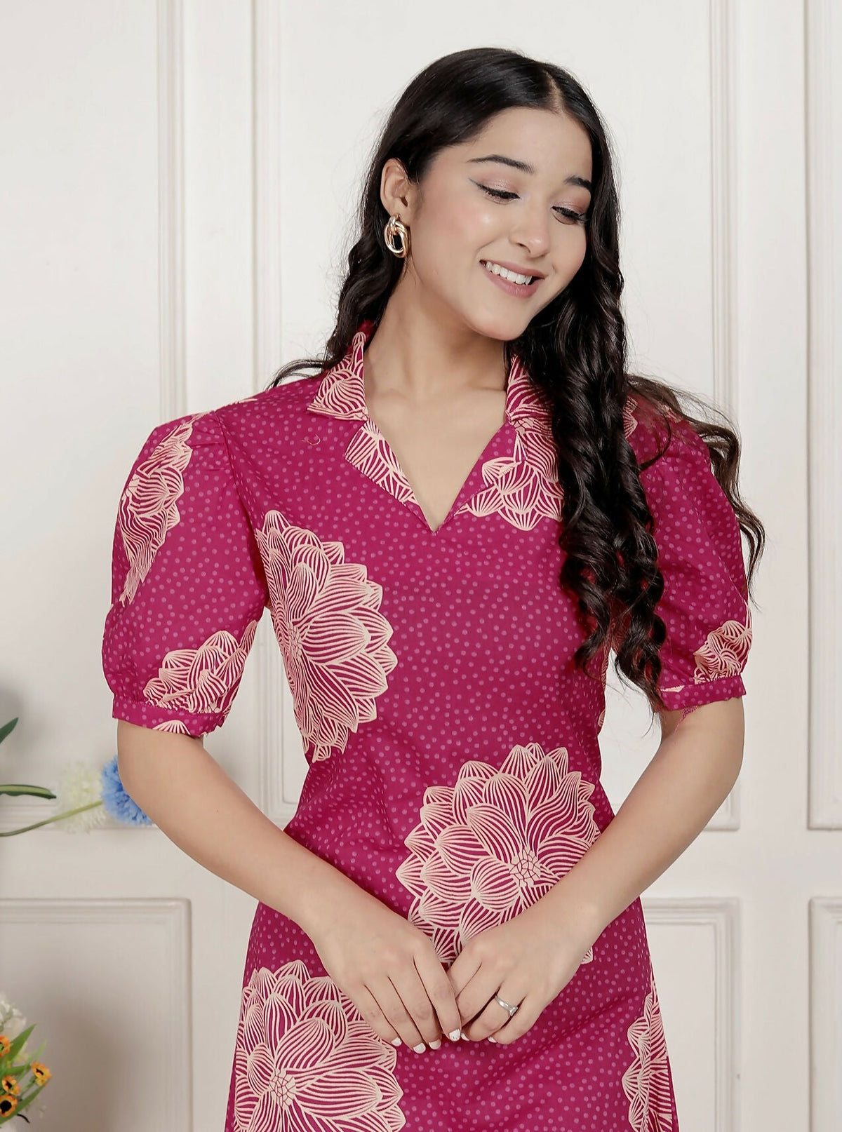 Miravan Womens Pink Printed Collar Neck Short Puff Sleeves Cotton A-Line Maxi Dress