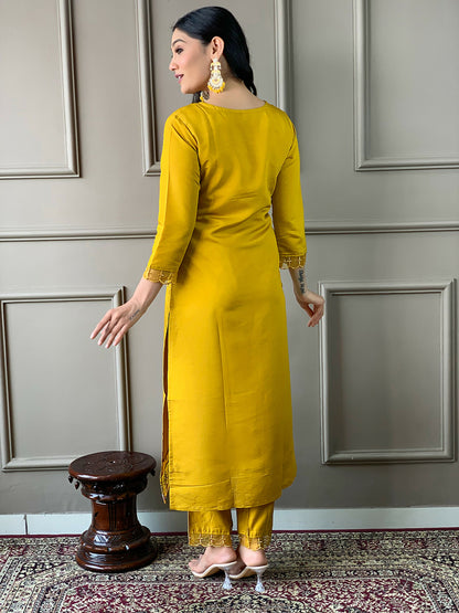 Partywear Designer Chanderi Mustard Stitched Suit With Dupatta - Tanisha