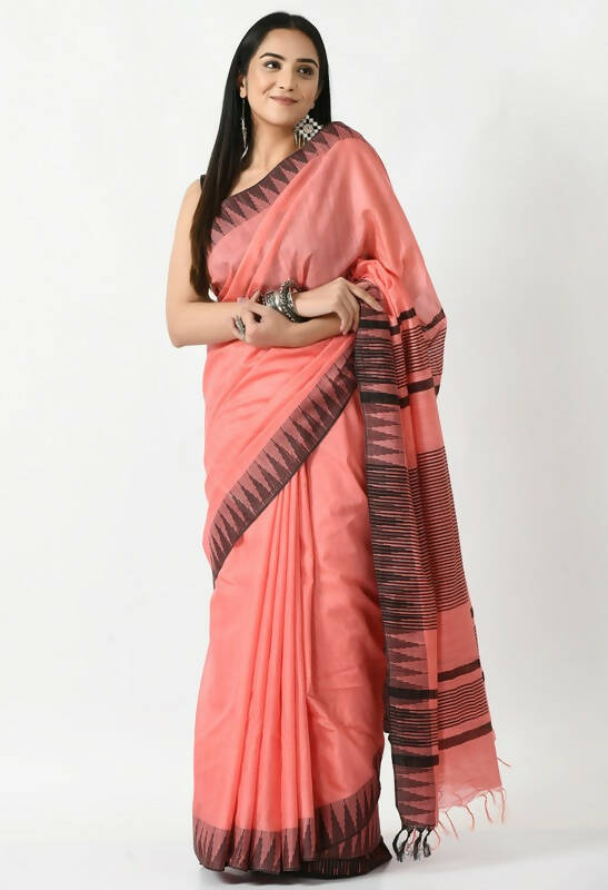 Mominos Fashion Moeza Gajari Pink Bhagalpuri Handloom Silk Black Temple Border Saree with unstitched Blouse piece