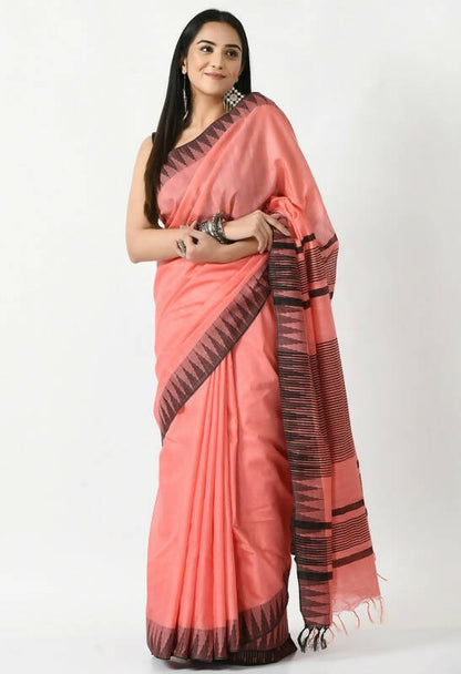 Mominos Fashion Moeza Gajari Pink Bhagalpuri Handloom Silk Black Temple Border Saree with unstitched Blouse piece