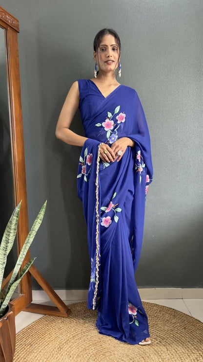 Aayaa Designer 1 min Hand Painted Ready to Wear saree - Navy Blue
