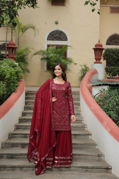 Vastranavya Premium Designer Heavy Sequins & Thread Embroidered work Top Sharara & Dupatta - Maroon