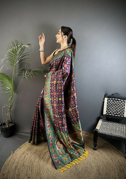 Joban Fashion Wine Banarasi Soft Silk Woven Saree