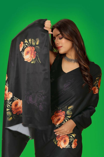 Aayaa Designer Printed Satin Saree - Multi Color