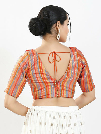Joban Fashion Orange Multi Brocade Padded Blouse With V Neck Elbow Sleeves