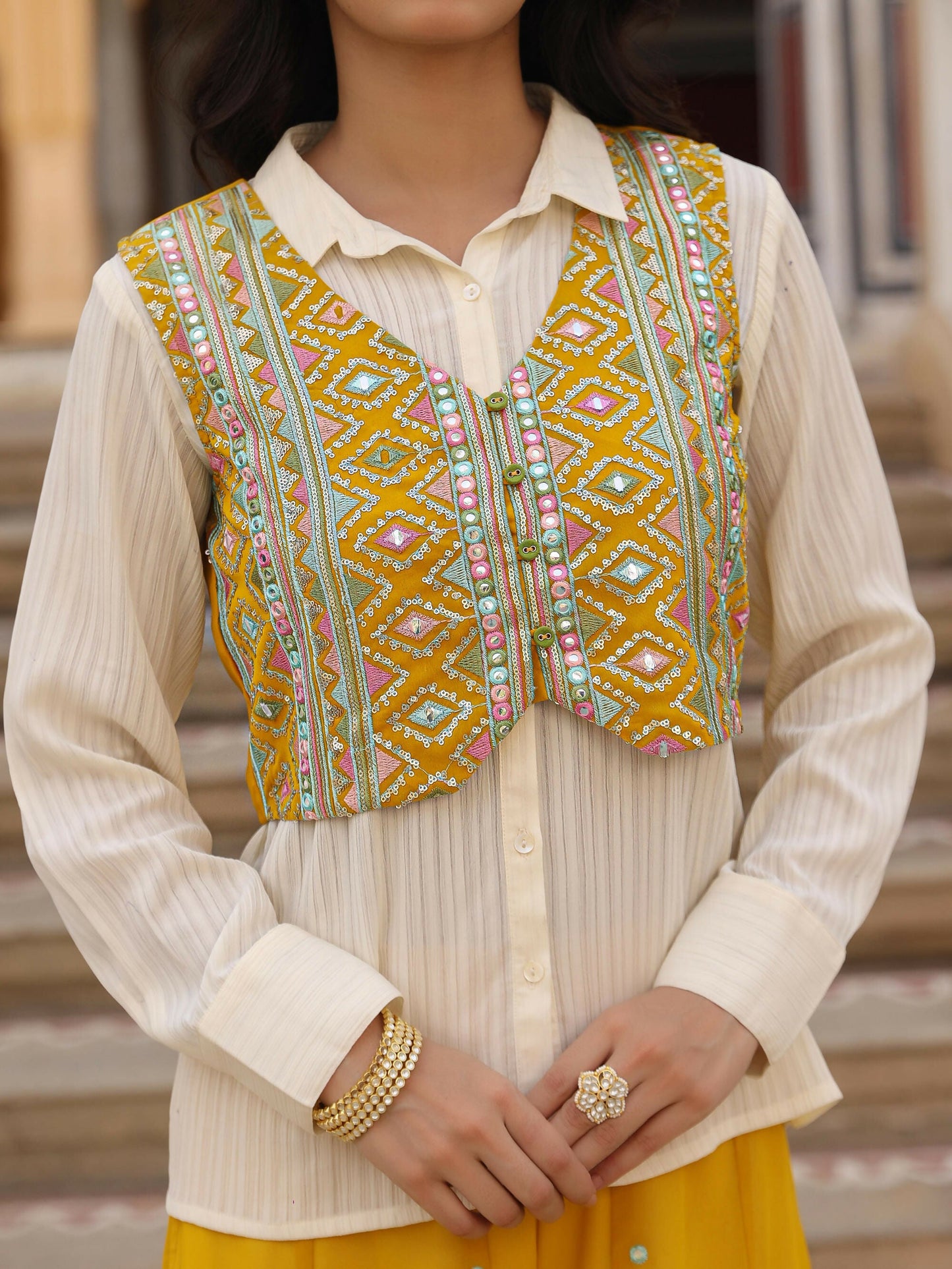 Juniper Women's Mustard Thread Embroidered Georgette Shirt Jacket & Palazzo Set With Mirror Work & Sequins