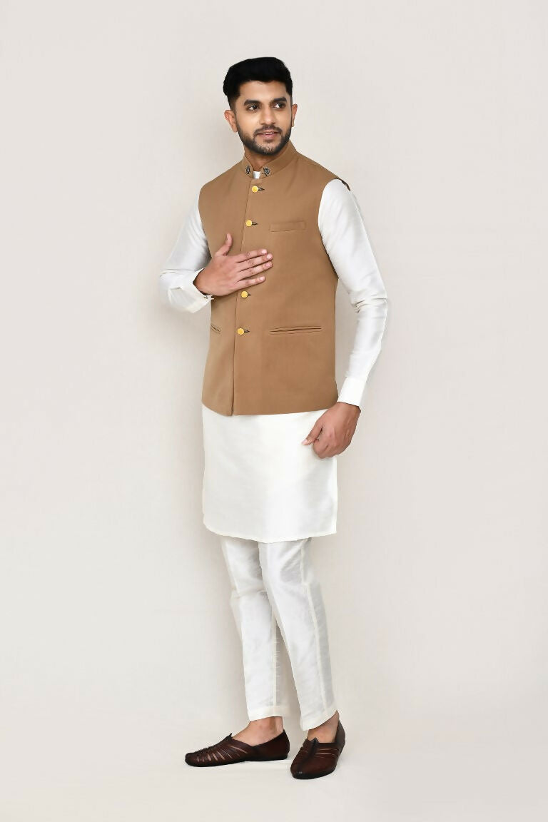 Joban Fashion White Colored Art Silk Fabric Kurta, Jacket With Straight Fit Pant