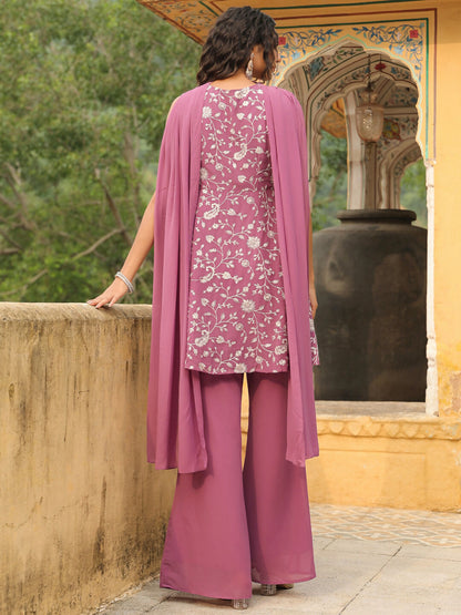 Janasya Lavender Georgette Embroidered Kurta,Bottom & Dupatta
