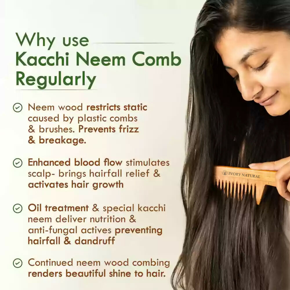 Ivory Natural Dual Tooth Kacchi Neem Comb Infused With Organic Oil For Gentle Detangling And Straightning Hair
