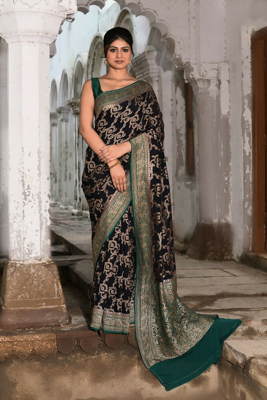 Joban Fashion Navy Blue Crepe Chiffon Pure Handloom Banarasi Silk Saree