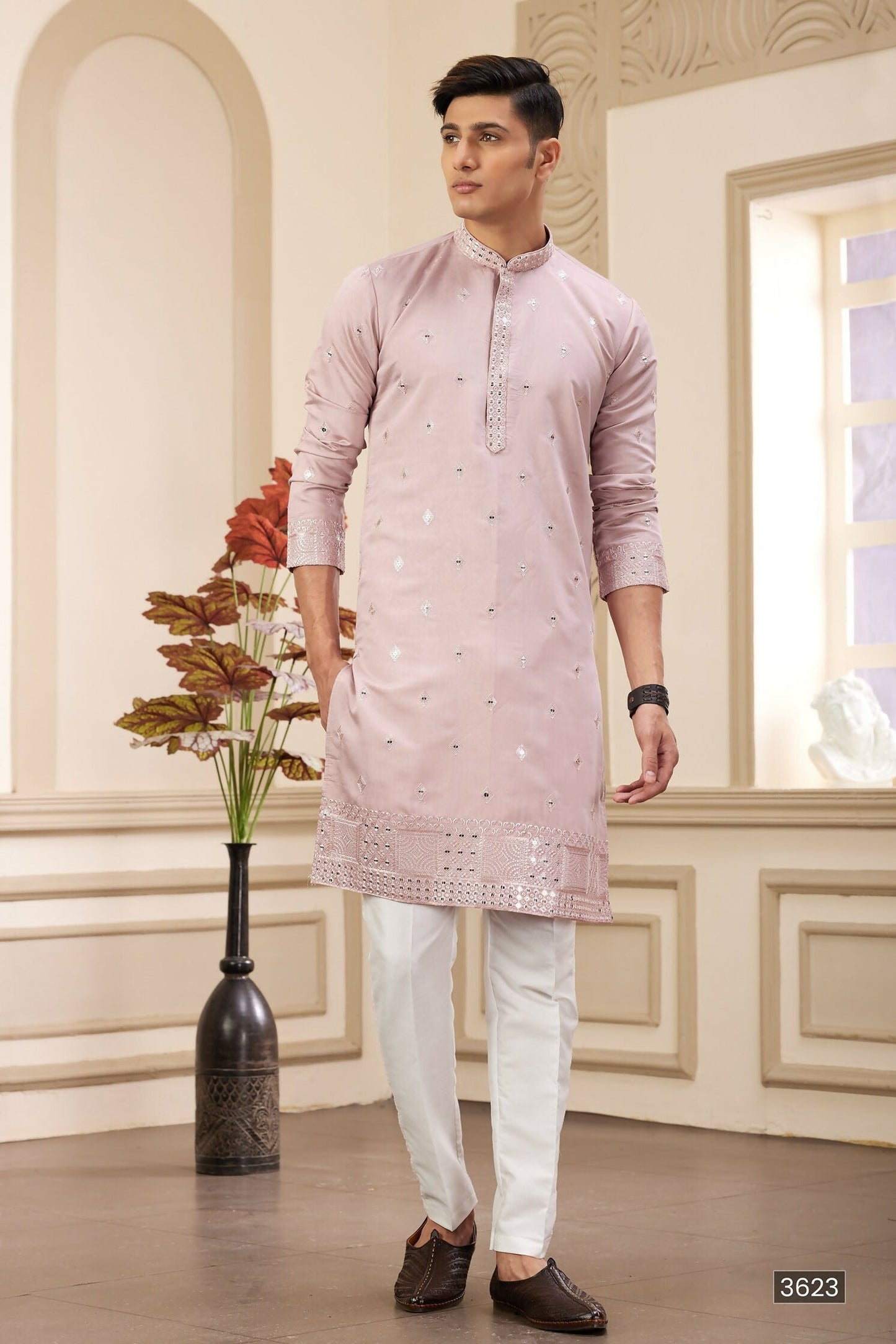 Raivat Ethnic Men's Art Silk Thread Work Kurta Pyjama In Onion Colour
