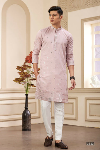 Raivat Ethnic Men's Art Silk Thread Work Kurta Pyjama In Onion Colour