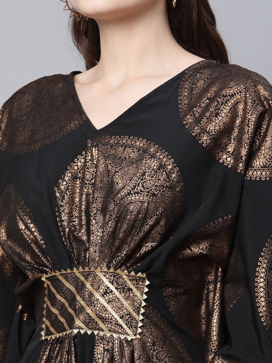 Ahalyaa Women Black Crepe Copper Foil Printed Flared Sleeve Kaftan Kurta