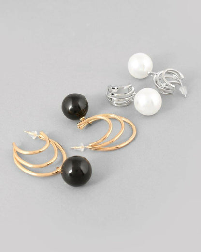 VOJ Set Of 2 Korean Drop Earrings - Gold-Polished With Black Pearl and Silver Plated With White Pearl Earrings