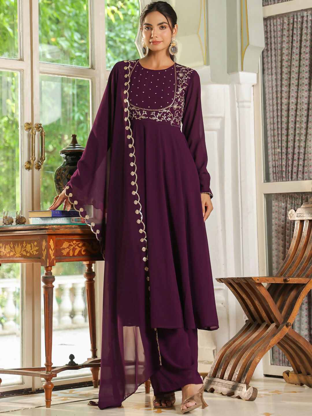 Janasya Purple Georgette Embroidered Kurta,Bottom & Dupatta