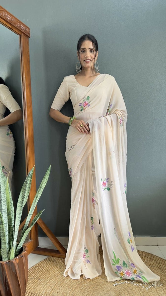 Aayaa Designer 1 min Hand Painted Ready to Wear saree - Off White